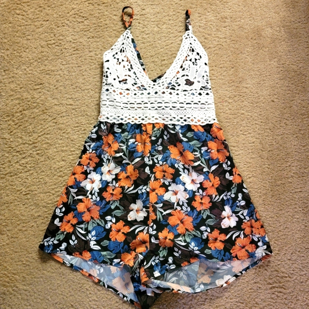 NWOT Floral & Crocheted Romper